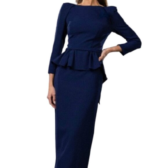 NWT Terani Couture 251C4638B Stretch Satin Wedding Guest Navy Size 12 - Picture 1 of 6